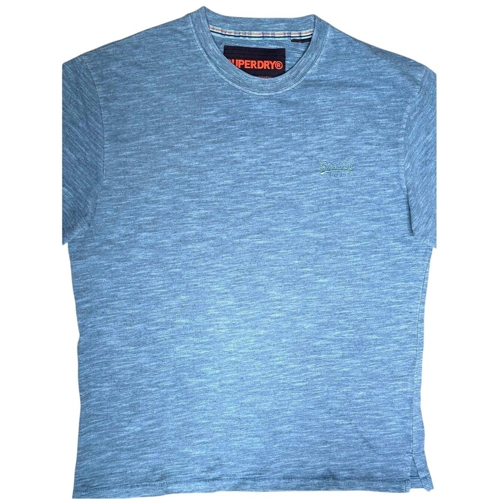 Superdry T-Shirt Men Medium Blue Heather Crew Neck Embroidered Logo Short Sleeve